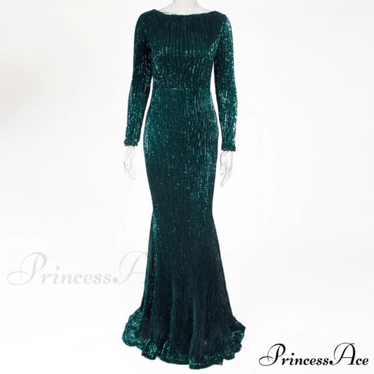 Elegant O Neck Long Sleeve Sequin Maxi Dress Green / S
