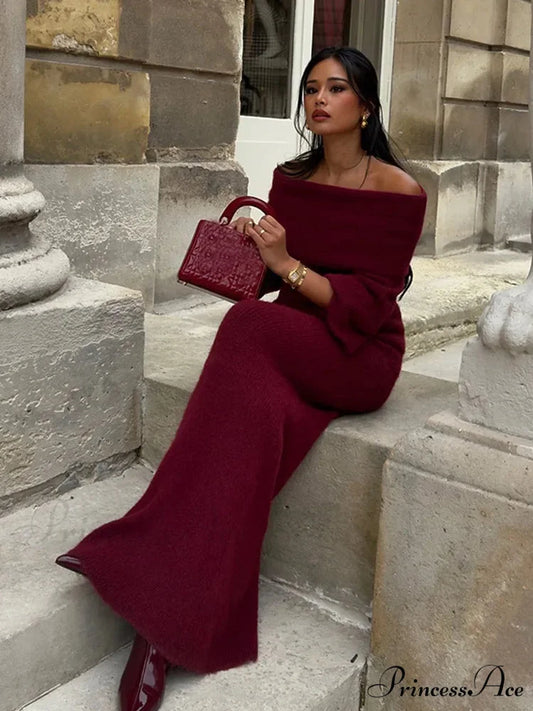 Elegant Off Shoulder Fold Knit Long Sleeve Tight Red Christmas Party Dress Dark red / S