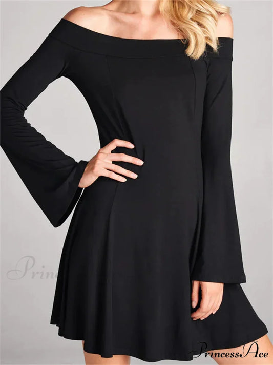 Elegant Off Shoulder Solid Color Long Sleeve Party Mini Dress BLACK / S