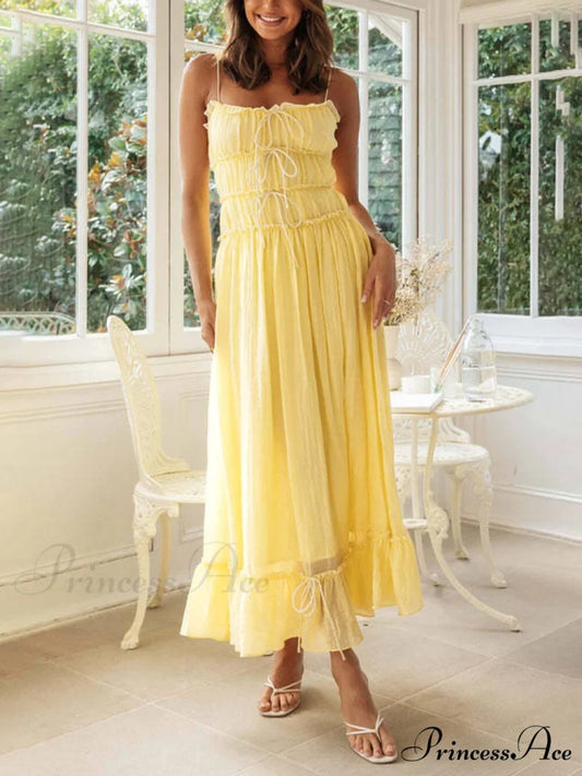 Elegant Off-Shoulder Stylish Strap Patchwork Dress Yellow / S
