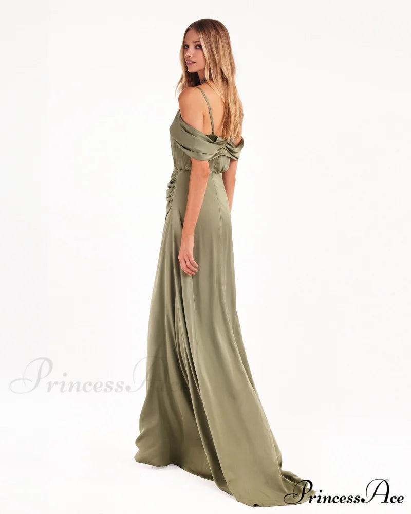 Elegant Olive Off-The-Shoulder Charming Silk Maxi Dress