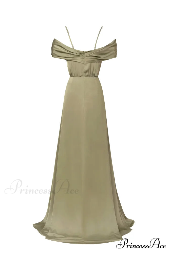 Elegant Olive Off-The-Shoulder Charming Silk Maxi Dress