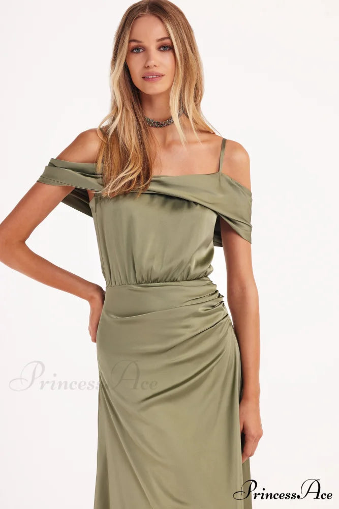 Elegant Olive Off-The-Shoulder Charming Silk Maxi Dress
