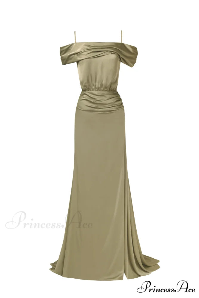 Elegant Olive Off-The-Shoulder Charming Silk Maxi Dress XXS / Olive