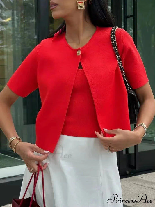 Elegant One Button Red Short Sleeve Cardigan