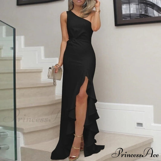 Elegant One Shoulder Bandage Sexy Sleeveless Dress Black / S