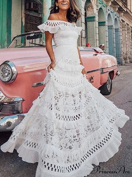 Elegant One-Shoulder Solid Ruffle Long Evening Dress 01 White / S