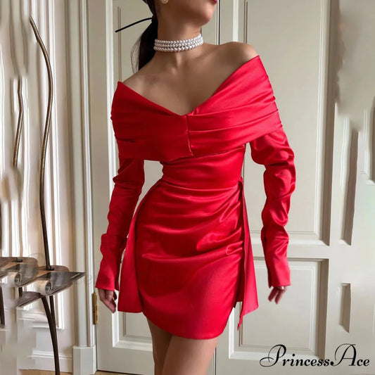 Elegant Party Off Shoulder Slim Mini Sexy Red Dresses Novelty Christmas Party Dress Red / S