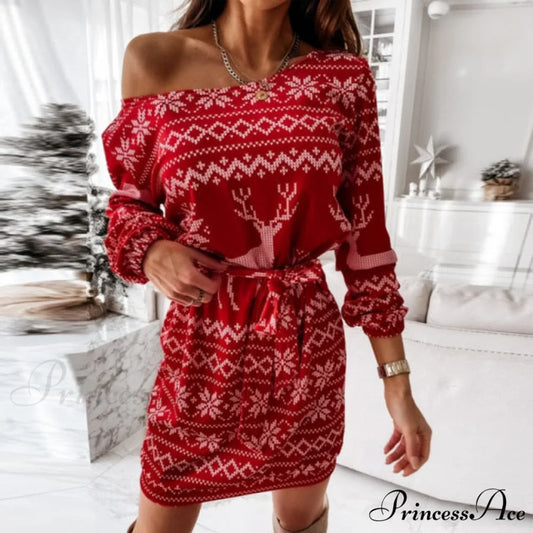 Elegant Puff Shoulder Long Sleeve Dresses Off Shoulder Red / XL