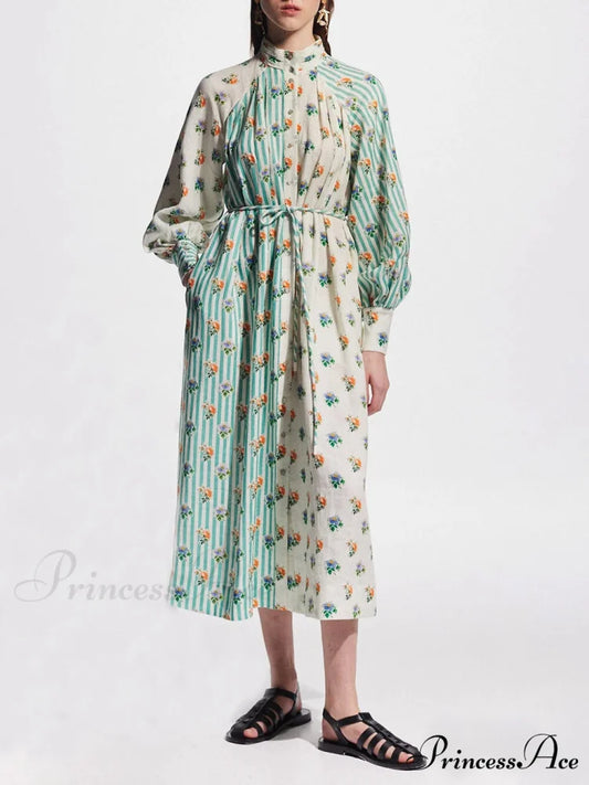 Elegant Puff Sleeve Charming Printed Shirt Dress Blue / S