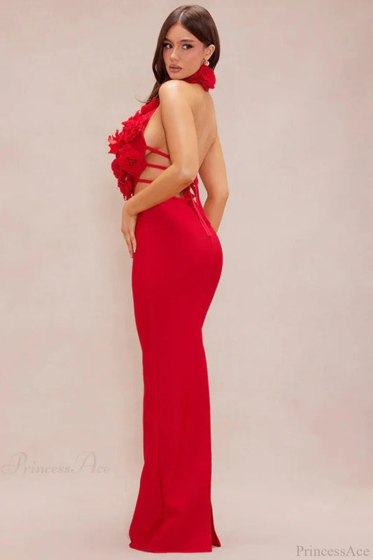 Elegant Red Floral Backless Maxi Bodycon Evening Dress