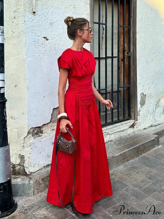 Elegant Red IrRegular Pleated Wrap Waisted Chic Slim Maxi Christmas Party Dress