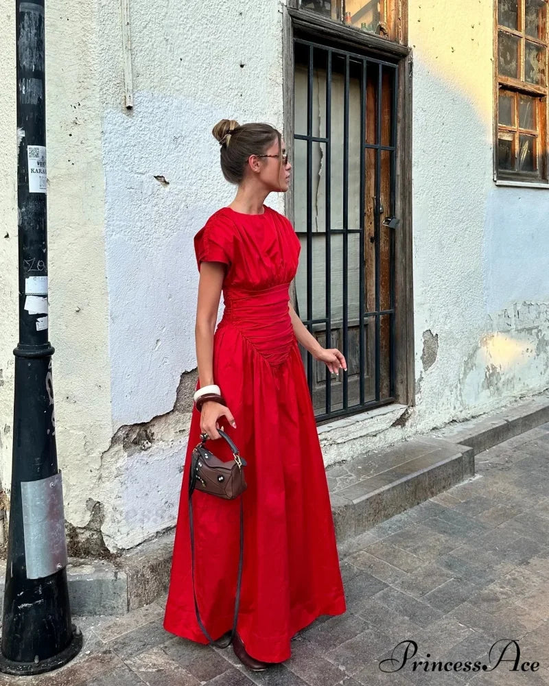 Elegant Red IrRegular Pleated Wrap Waisted Chic Slim Maxi Christmas Party Dress Red / S