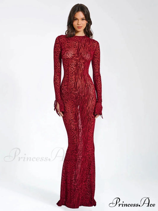 Elegant Red Striped Print Sexy Long Flare Christmas Party Dress Red / S