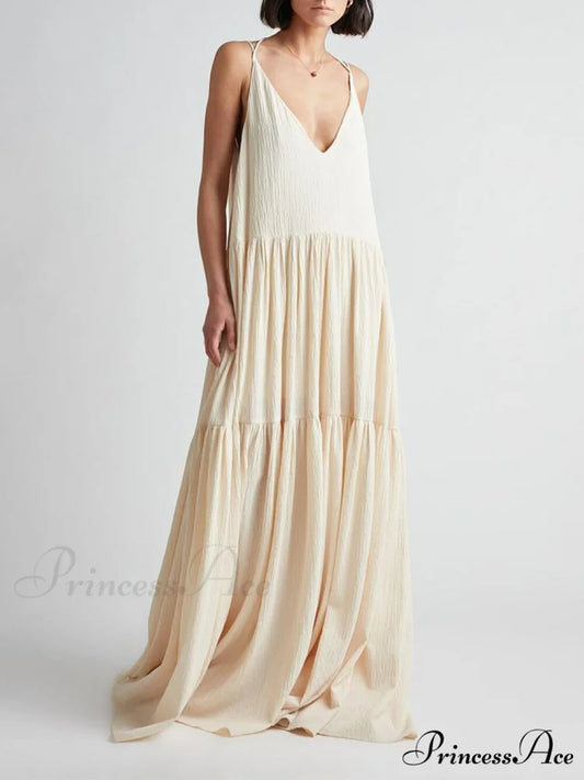 Elegant Resort Deep Charming V-Neckline Strappy Maxi Dress Beige / S
