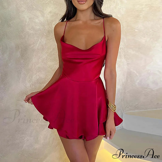 Elegant Sexy Backless Ruffled Halter Red Skirt Summer Evening Party Christmas Party Dress