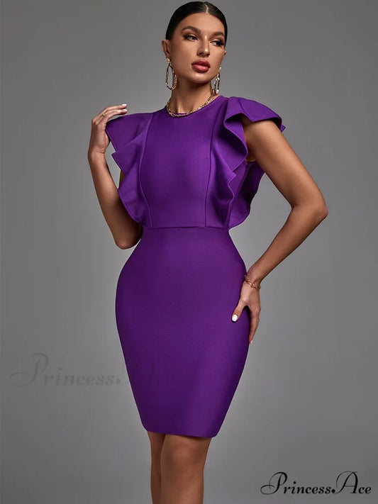Elegant Sexy Ruffle Club Party Dress Purple / XL