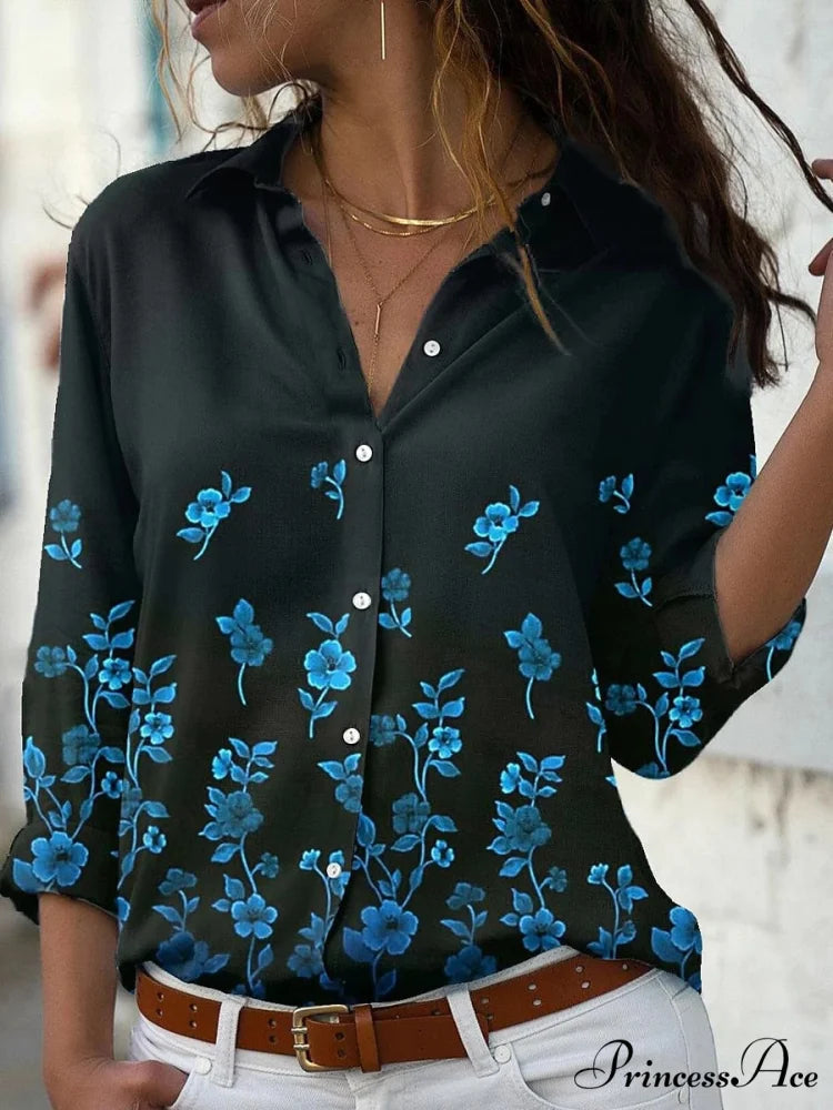 Elegant Shirts Fashion Long Sleeve Blouse Navy Blue / S