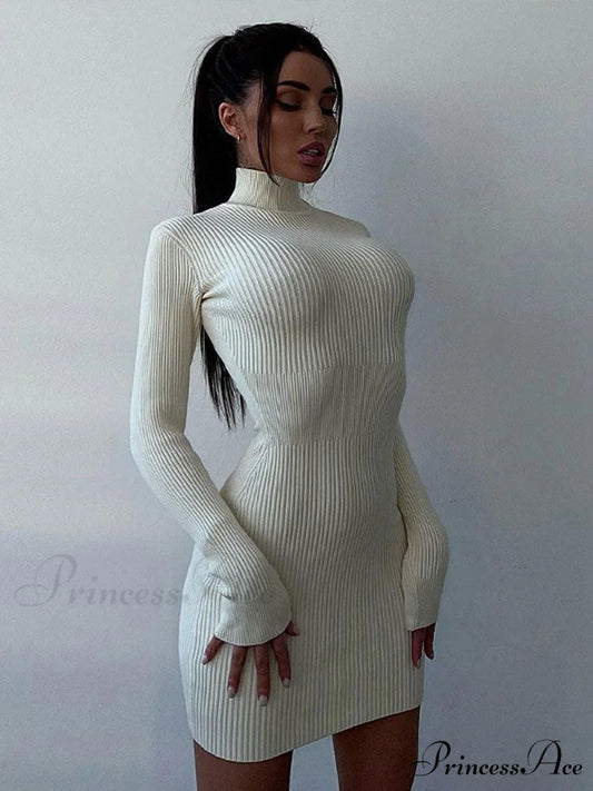 Elegant Solid Bodycon Long Sleeve Sweater Dress White 02 / S