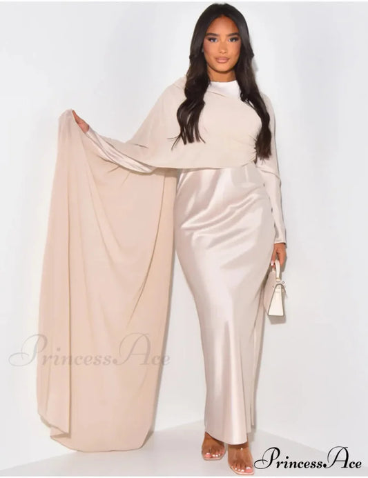 Elegant Solid Color Round Neck High Waist Swing Red Christmas Party Dress Beige / S