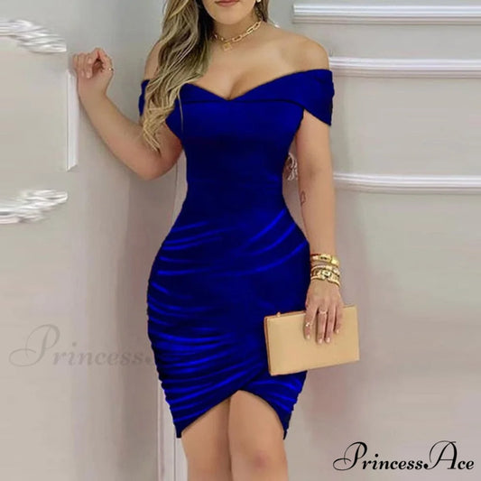 Elegant Solid Velvet Bodycon Party Dress Blue / S