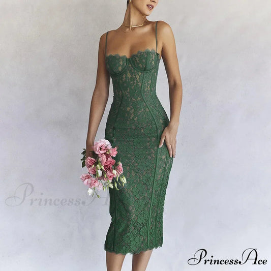 Elegant Spaghetti Strap V Neck Lace Formal Occasion Dress for Christmas Party GREEN / S
