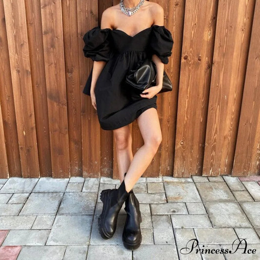 Elegant Square Collar Puff Short Sleeve Party Dress black / L