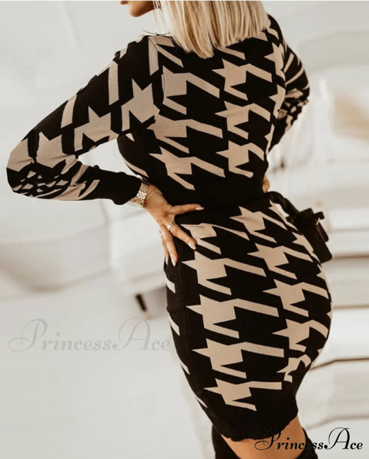 Elegant V Neck Print High Waist Long Sleeve Mini Dress for Women S / KHAKI