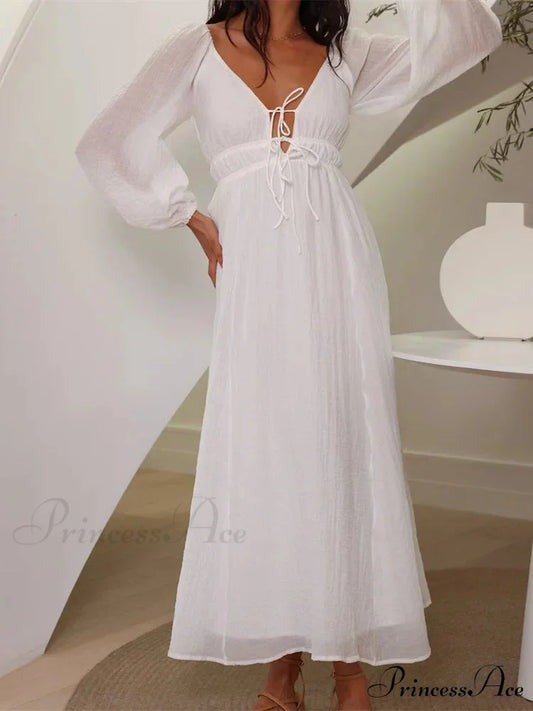 Elegant Women Mesh See Through Lantern Sleeve Deep V-neck Solid White High Waist Party Beach Vestidos