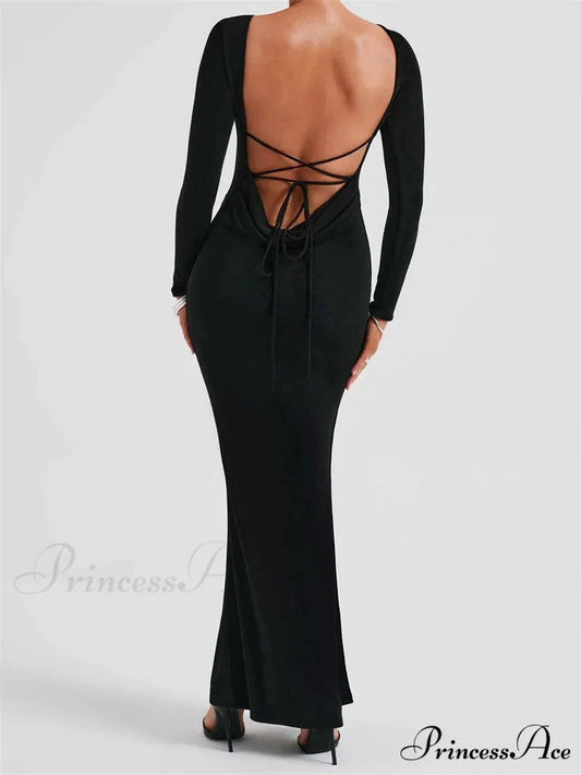 Elegant Women Party Backless Criss-cross Tie-up Bodycon Formal Club Sleeve Solid Female Vestido BLACK / S