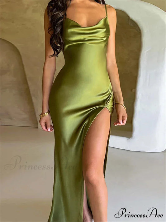 Elegant Women Satin V-neck Low Cut Spaghetti Strap Backless Ruched High Split Party Female Vestidos Green / S
