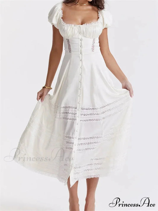 Elegant Women Short Sleeve Front Buttons Up Lace Hollow Out High Waist White OL Summer Vestidos