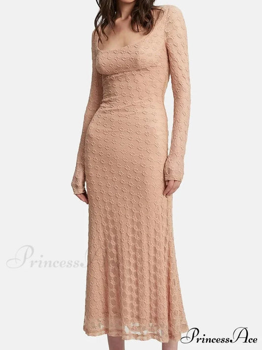 Elegant Women Spring Autumn Party See Through Sleeve Square Neck Lace Floral Slim Fit Vestidos PINK / S