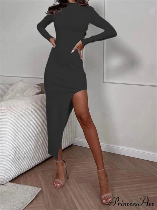 Elegant Women Spring Autumn Turtleneck Solid Color Sleeve High Split Bodycon Party Vestido BLACK / S