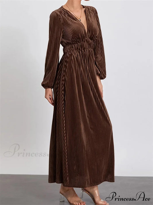 Elegant Women Spring Fall Velvet Sleeve Deep V Neck Solid Color A-Line Vintage Female Vestidos