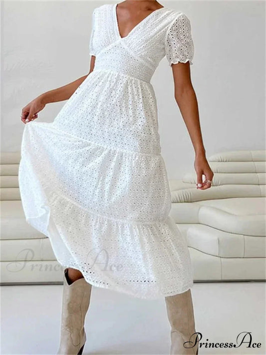 Elegant Women Summer Short Sleeve A-Line Solid V-neck Lace Floral Backless Tie-up Party Vestido WHITE / S