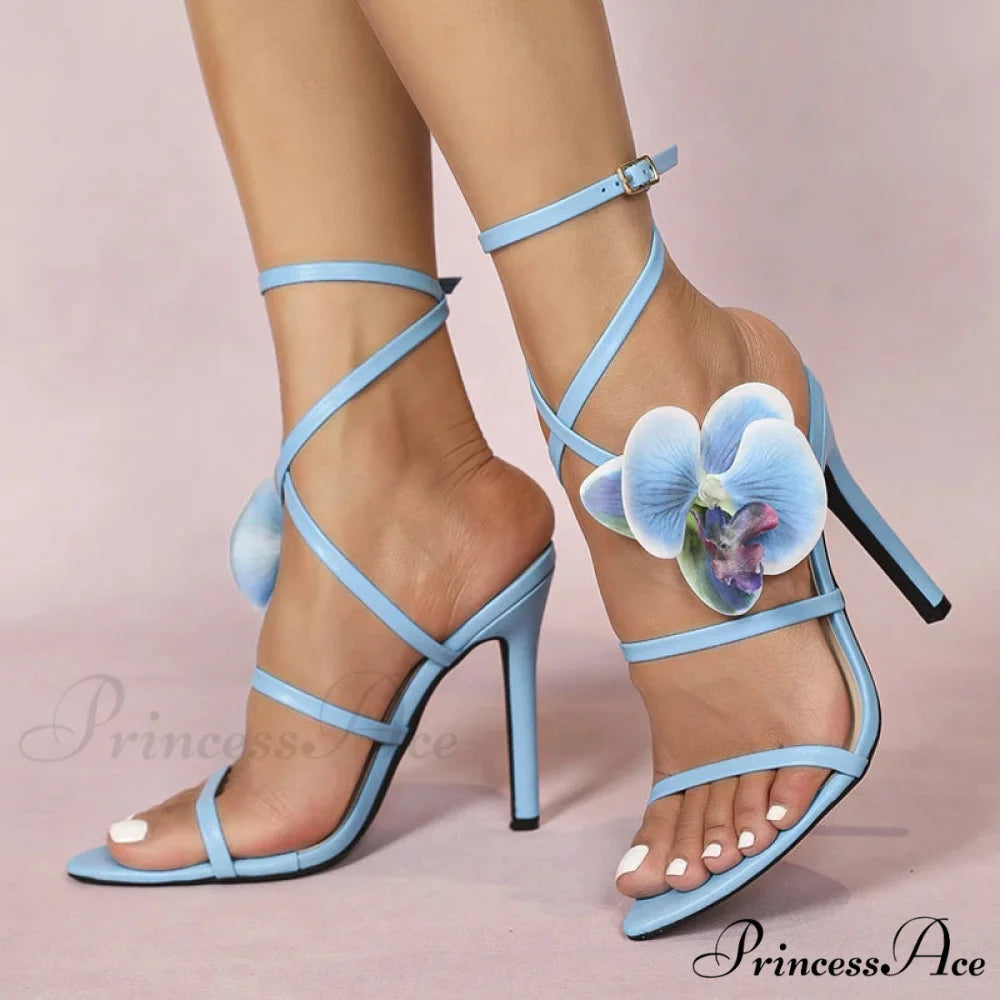 Elegant Women Wedding Banquet Pink Flowers Designer Sandals Open Toe High Heels Blue / 36
