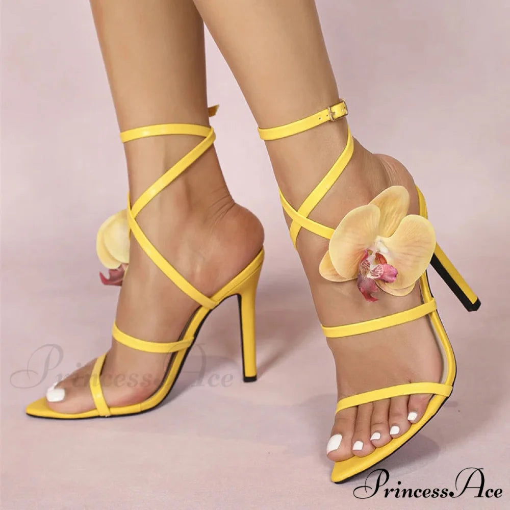 Elegant Women Wedding Banquet Pink Flowers Designer Sandals Open Toe High Heels Yellow / 36