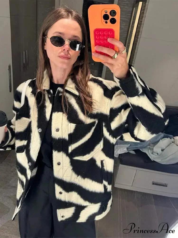 Elegant Zebra Printed Single Breasted Fashion Lapel Long Sleeves Loose Autumn Chic Stylish Coat BLACK / S