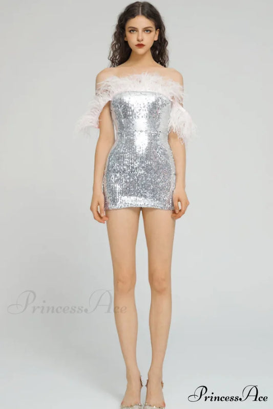Eleni Off Shoulder Charming Feather Sequin Dress