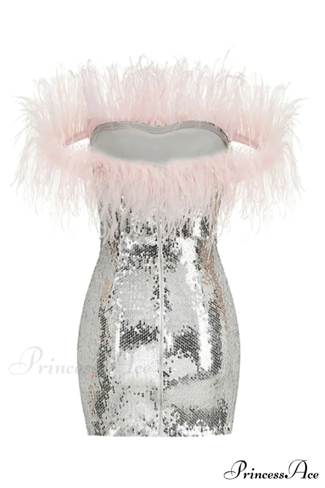 Eleni Off Shoulder Charming Feather Sequin Dress