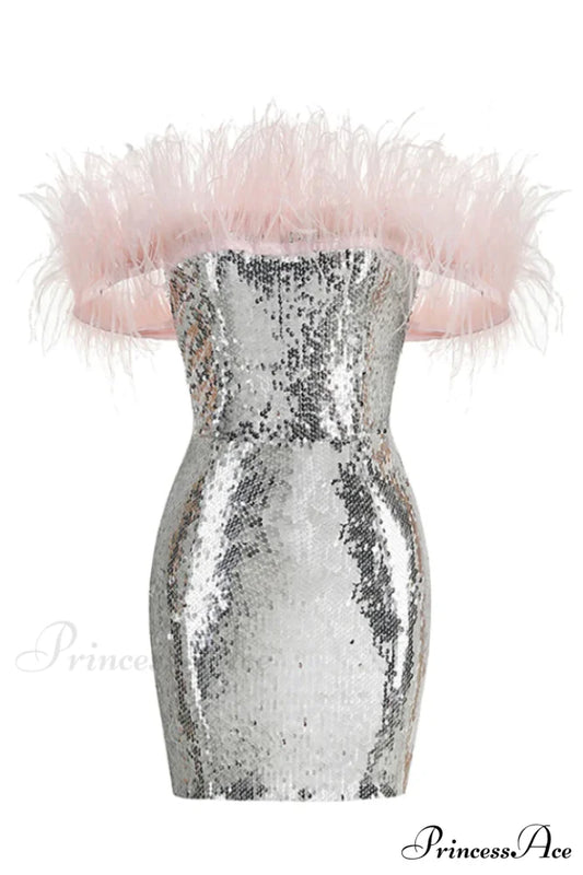 Eleni Off Shoulder Charming Feather Sequin Dress XS / Silver