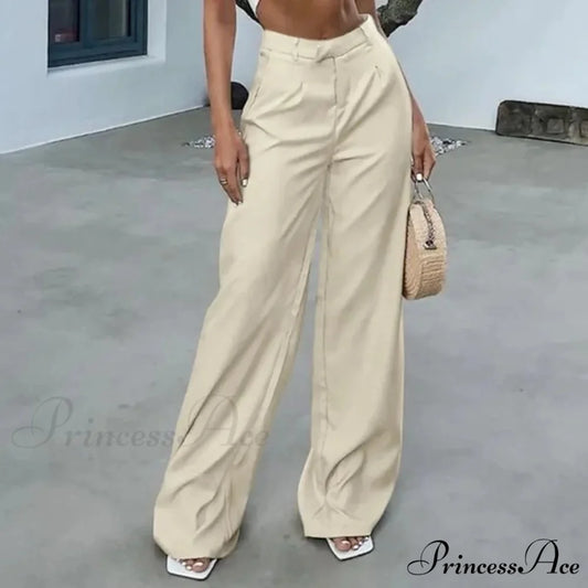 Elevated Waist Bind Side Pleated Trousers Beige / S pants-241228