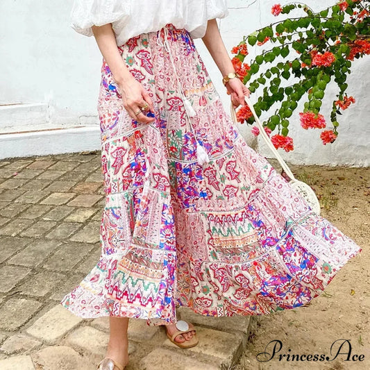 Elevated Waist Blossom Shore Skirt Lace Patchwork Stylish Cotton Maxi skirt-250126
