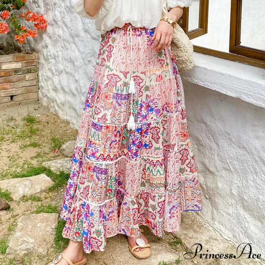 Elevated Waist Blossom Shore Skirt Lace Patchwork Stylish Cotton Maxi floral skirts / S skirt-250126