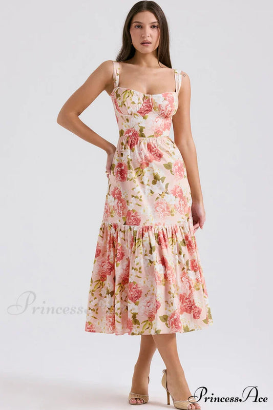 Elia Floral Stylish Midi Sundress S / Pink Peony Print