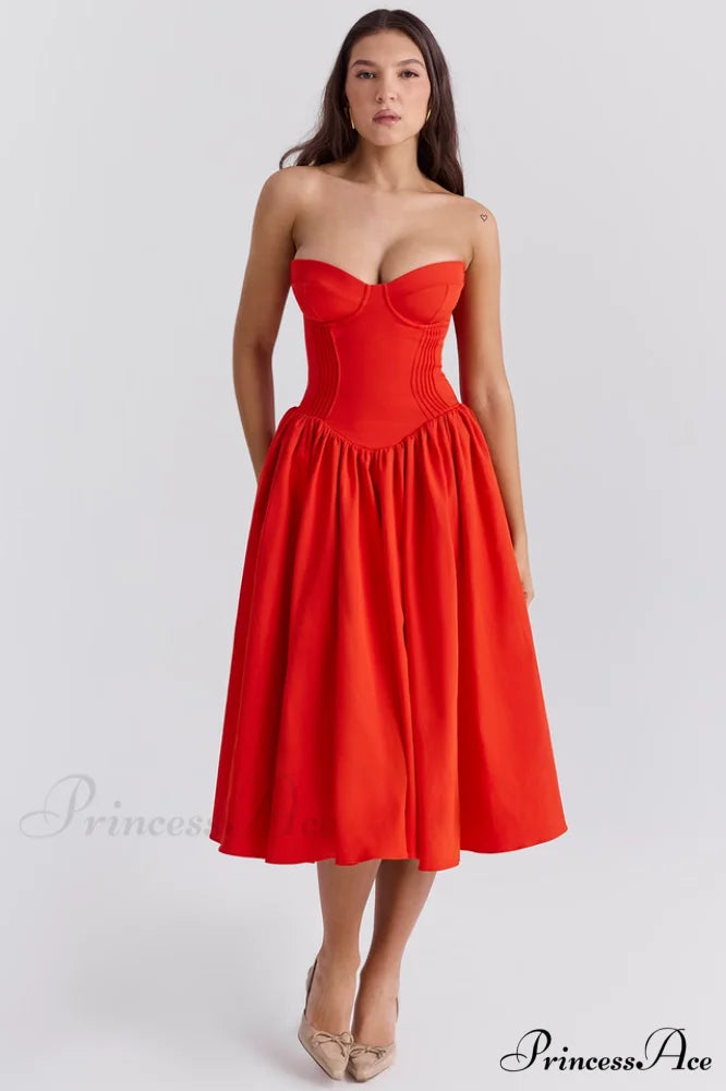 Elizabeth Italian Stylish Tomato Midi Sundress XS / Italian Tomato