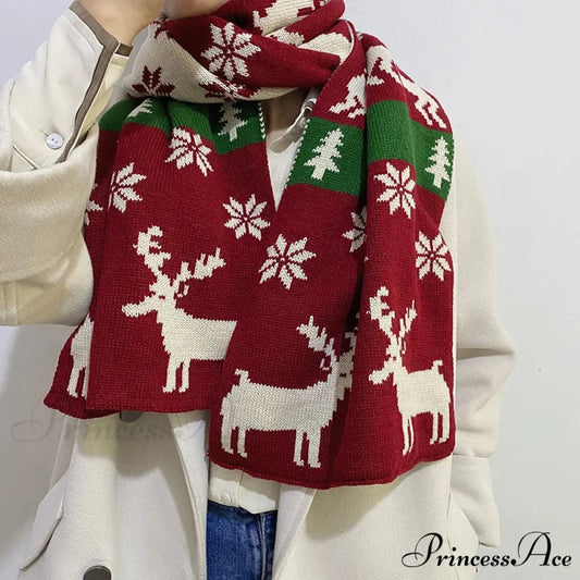 Elk Pattern Winter Knitting Couple Scarf - Christmas Gift Red 1 / 37-170cm
