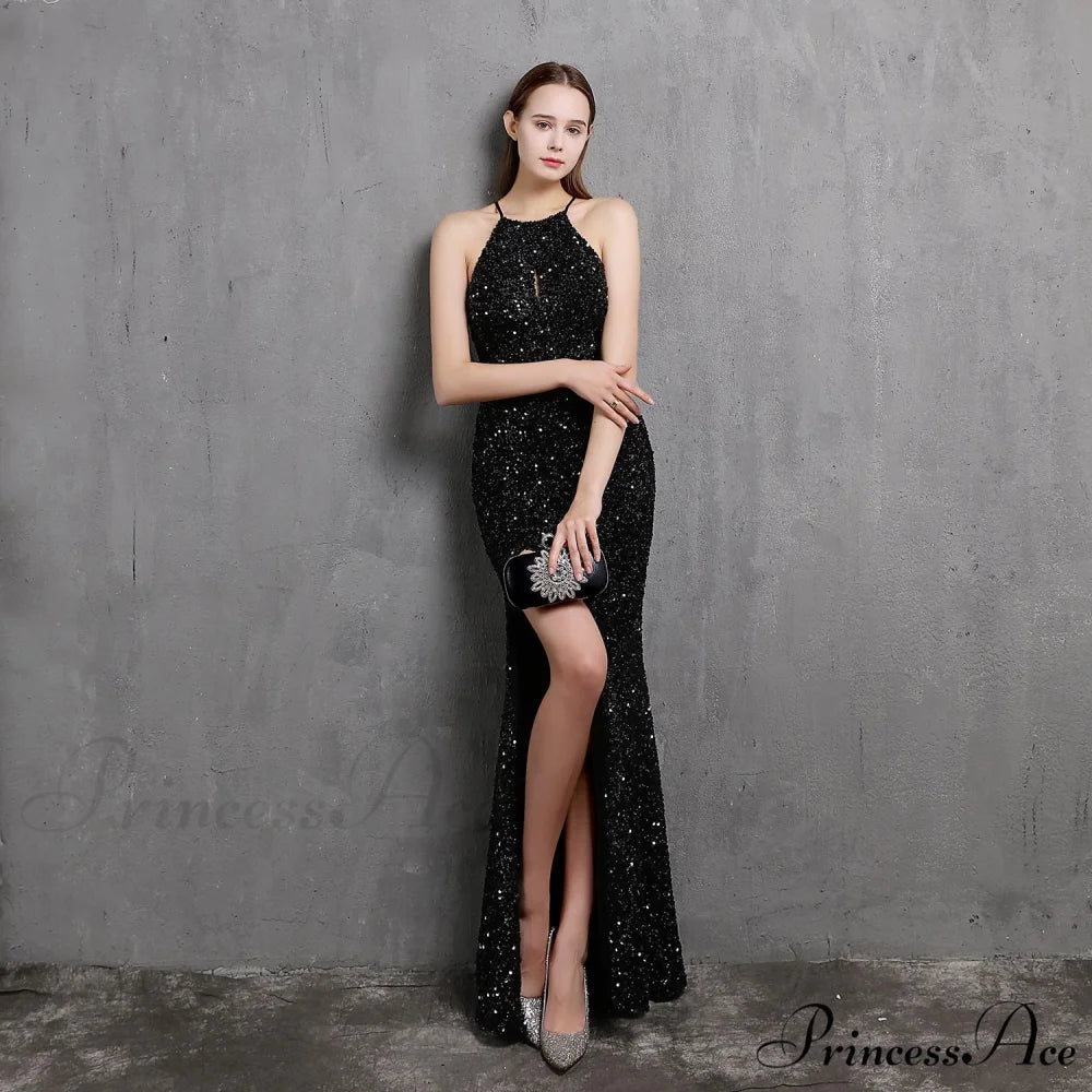 Ella halterneck Stylish sequined formal dress BLACK / XS