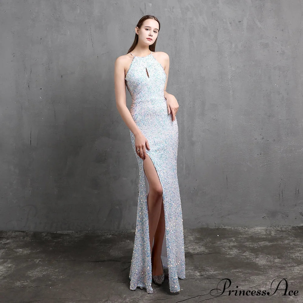 Ella halterneck Stylish sequined formal dress WHITE / XS